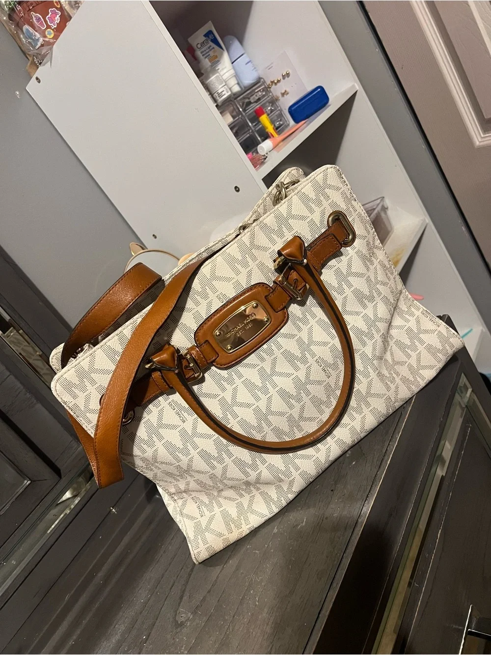 Michael Kors Cream Signature Logo Shoulder Bag with Brown Trim